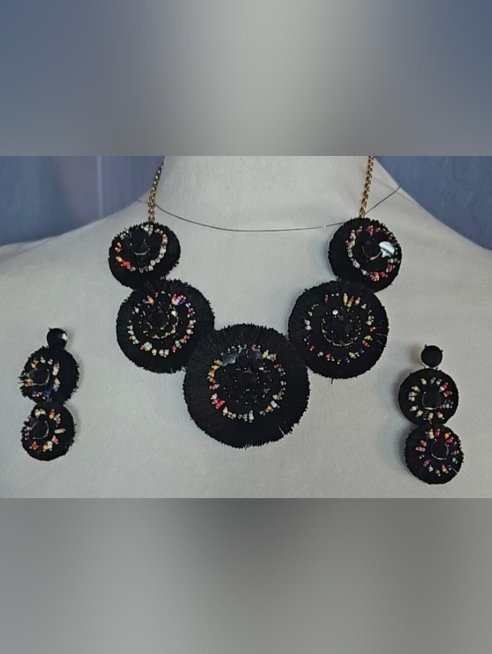 INC International Concepts Black Fringe Necklace with Multicolor Beads
